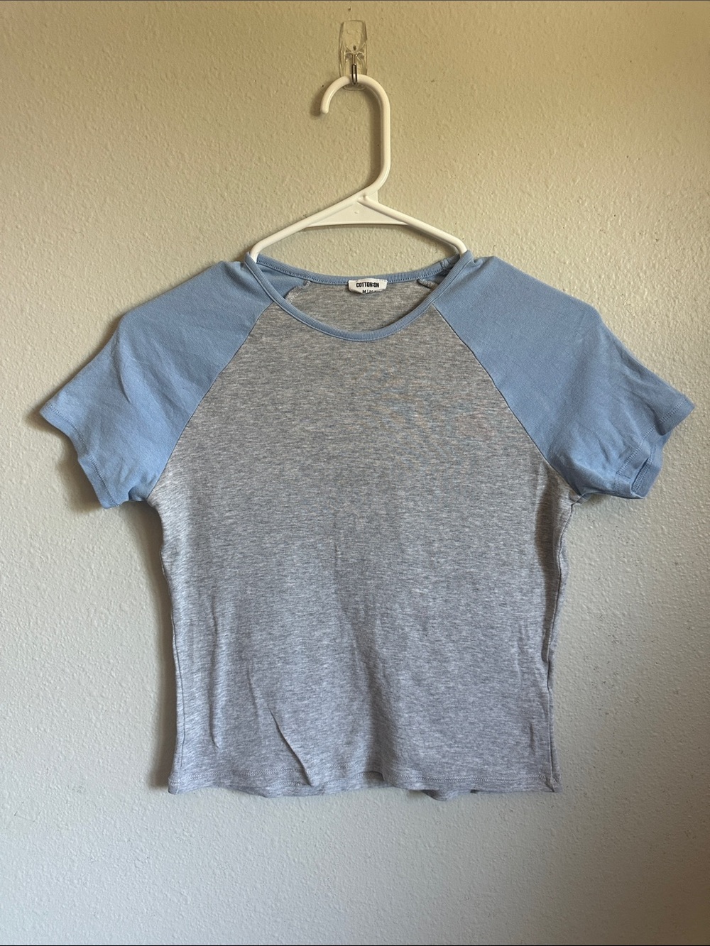 Heather Gray Tee with Light Blue Raglan Sleeves